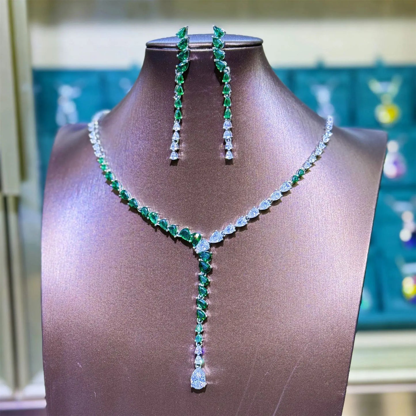 Luxury Evening Dress Accessories European Suit Micro-Inset Zircon Long Super Flash Bride Dress Necklace Earrings Two-Piece Set (014)