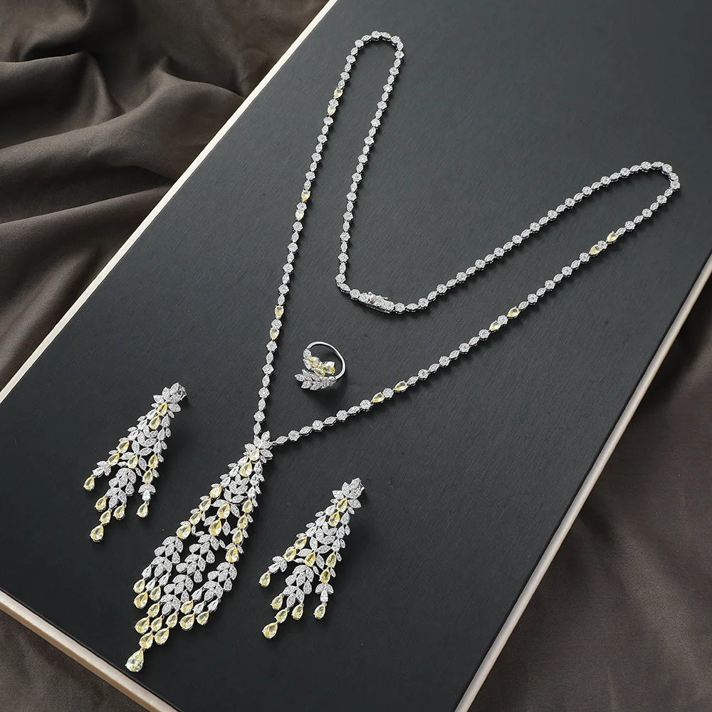 High Quality Tassel Jewelry Set for Women Luxury AAA Zircon Ring Necklace Earrings 3 Piece Set Suitable for Engagement Jewelry (054)