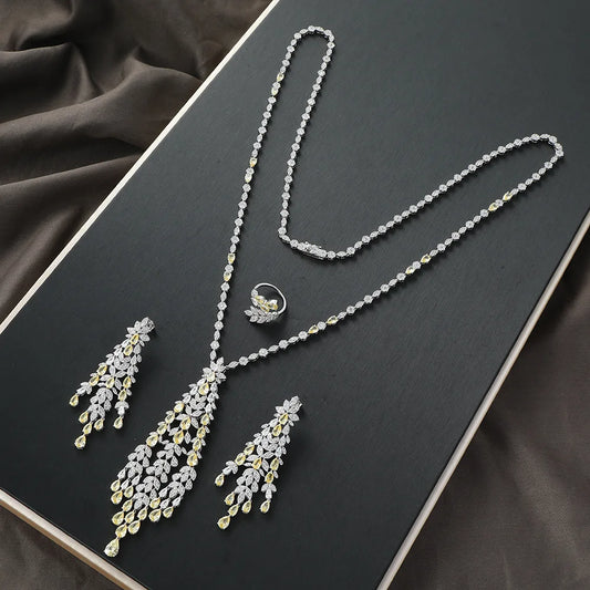 High Quality Tassel Jewelry Set for Women Luxury AAA Zircon Ring Necklace Earrings 3 Piece Set Suitable for Engagement Jewelry (054)