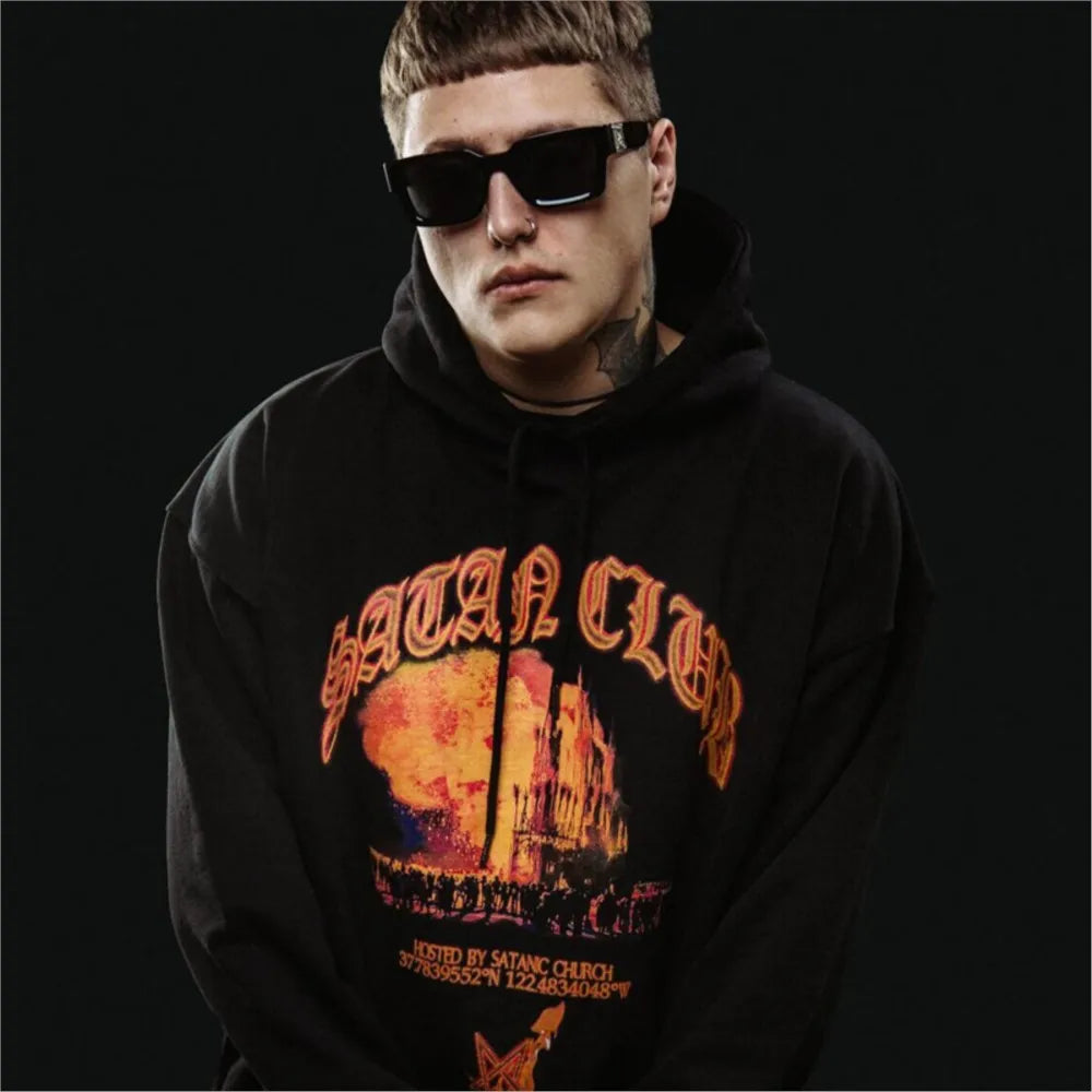Hip Hop Streetwear Men Hoodie Oversized Pullover Satan Club Graphic Print Y2K Hooded Sweatshirt Harajuku Goth Aesthetic Clothing