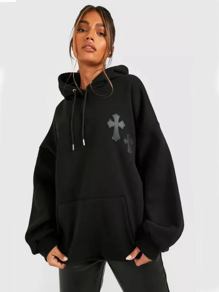 Cross Rhinestones Zip Women Hoodie Y2K PU Cross Applique Oversized Hoodies