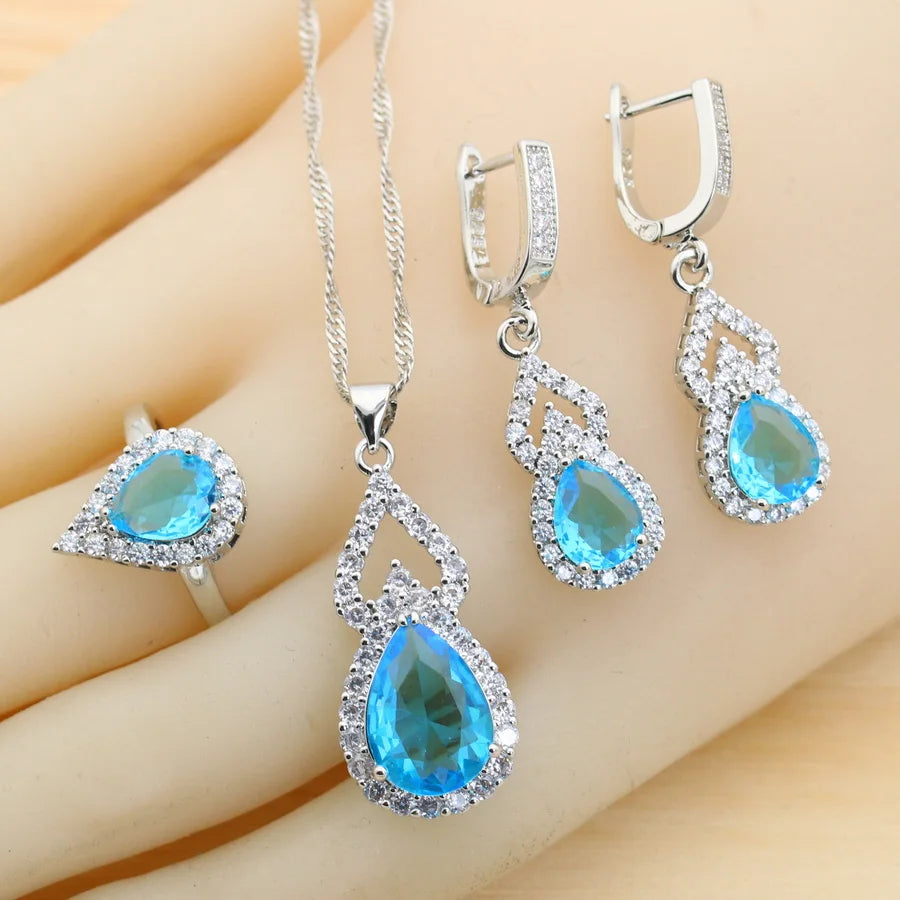 Fashion Sky Blue Water Drop Zirconia 925 Silver Jewelry Sets for Women Earrings Necklace Pendant Ring Bracelet Wedding Gift (154)