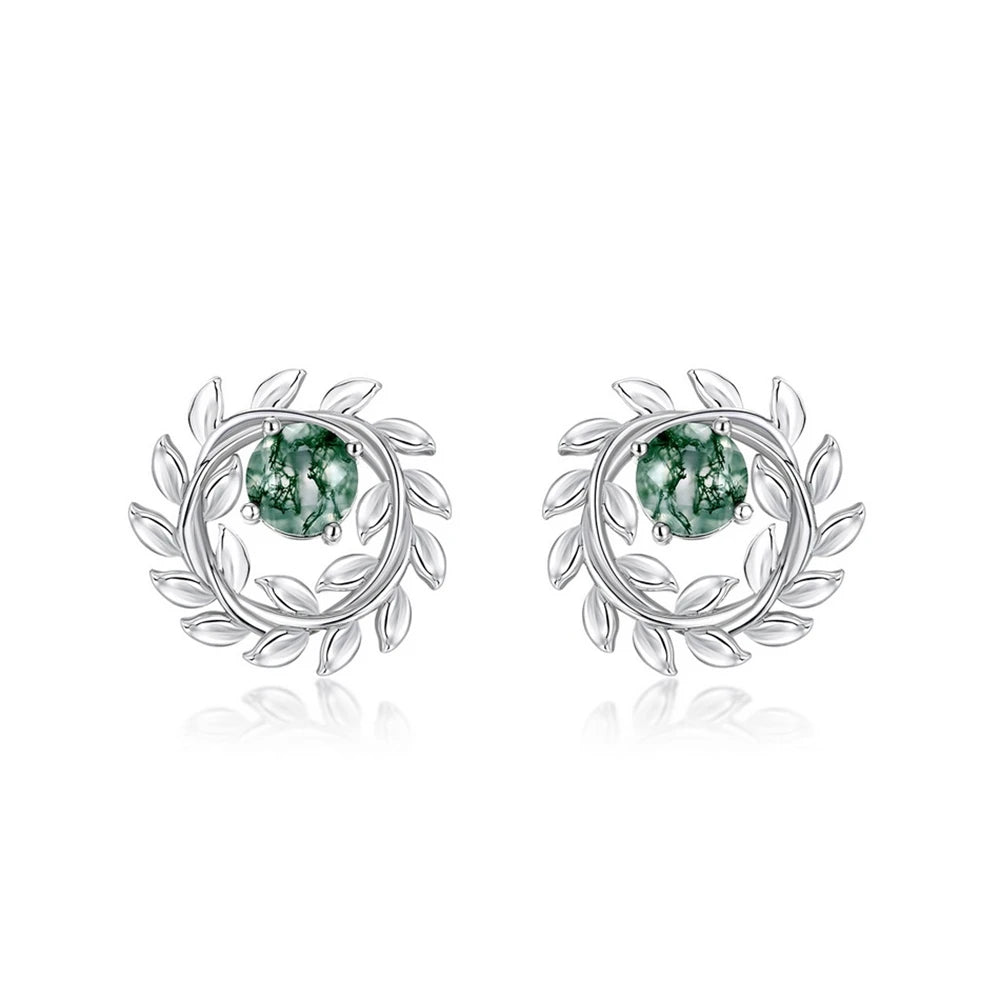 925 Sterling Silver Natural Gemstone 8*8Mm Moss Agate Jewelry Set for Women with Box Olive Branch Wholesale Wedding Gift (90)