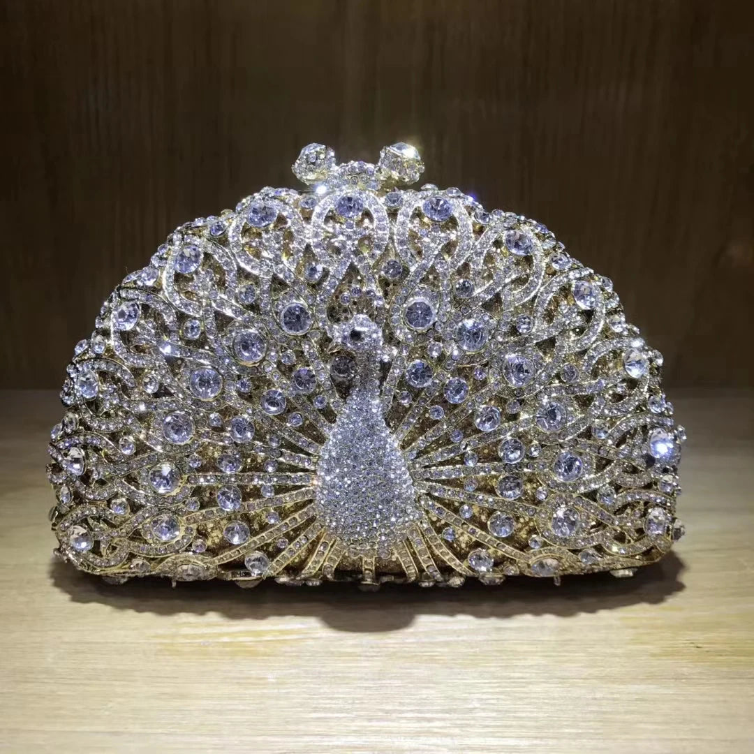 Woman Peacock Hollow Crystal Evening Bag Multicolored Diamond Bridal Animal Clutch Purse Wedding Cocktail Party Handbag