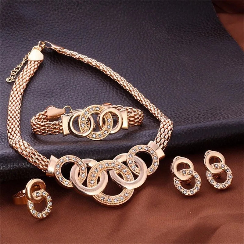 Fashion European and American Five-Ring Suit Necklace Earrings Bracelet Ring Four-Piece Set Retro Bride Photo Gift (120)