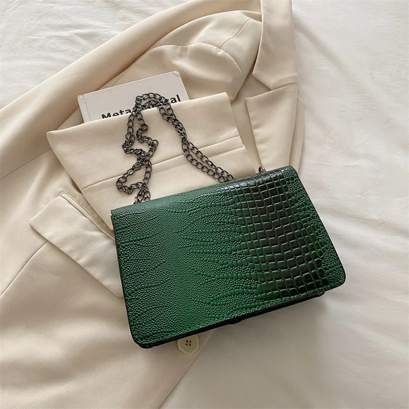 Retro Crocodile Pattern Ladies Faion Chain Oulder Bag Versatile High-End Feel Small Square Crossbody Bag for Young Women (076)