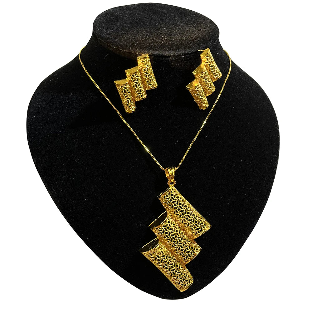 Dubai 24K Gold Color Long Jewelry Sets Wedding African Necklace Earrings for Women Nigerian Indian Bridal Set Party Gifts (073)