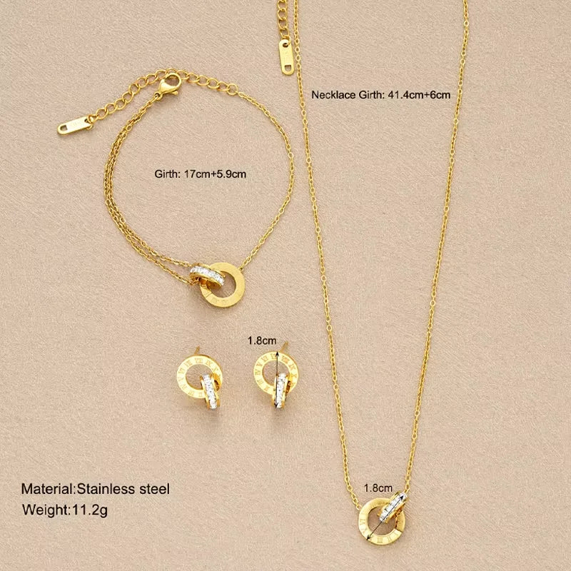 4Pcs/Set Stainless Steel Crystal Necklace Bracelet Earrings for Women Gold Color Interlocking Circles Roman Numbers Jewelry Sets (139)