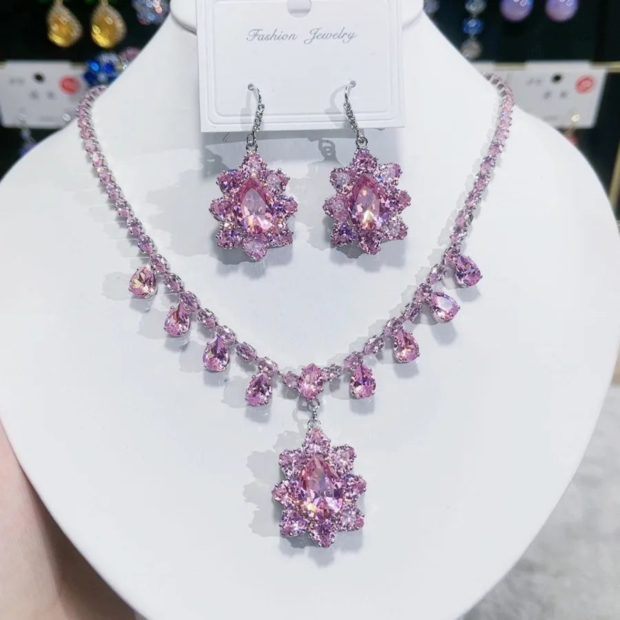 Women Colorful Fashion Zircon Necklace Earrings 2024 (89)