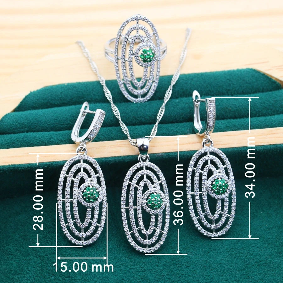 Bridal Silver 925 Jewelry Sets round Green Zircon Bracelets Earrings Rings Pendant Wedding Necklace Set for Women (159)