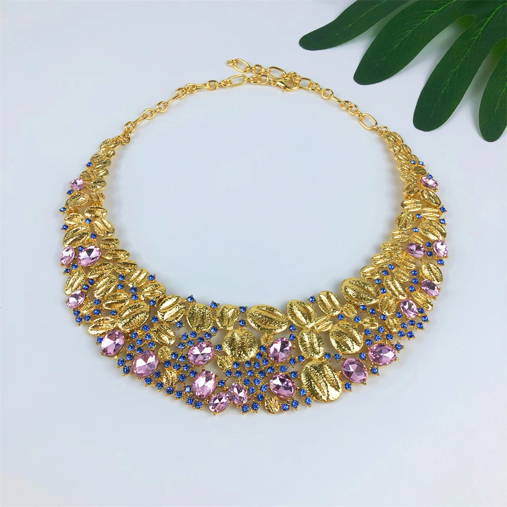 ESALE Vintage Opal Jewelry Set for Women Luxury Design Necklace Earrings Bracelet and Ring 18K Gold Plated Dubai Nigeria Jewelry