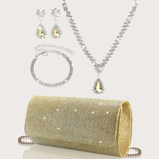 Sophisticated and Elegant Sparkly Party Clutches and Wallets Paired with Luxe Rhinestone Necklace, Earrings and Bracelet Sets. (051)