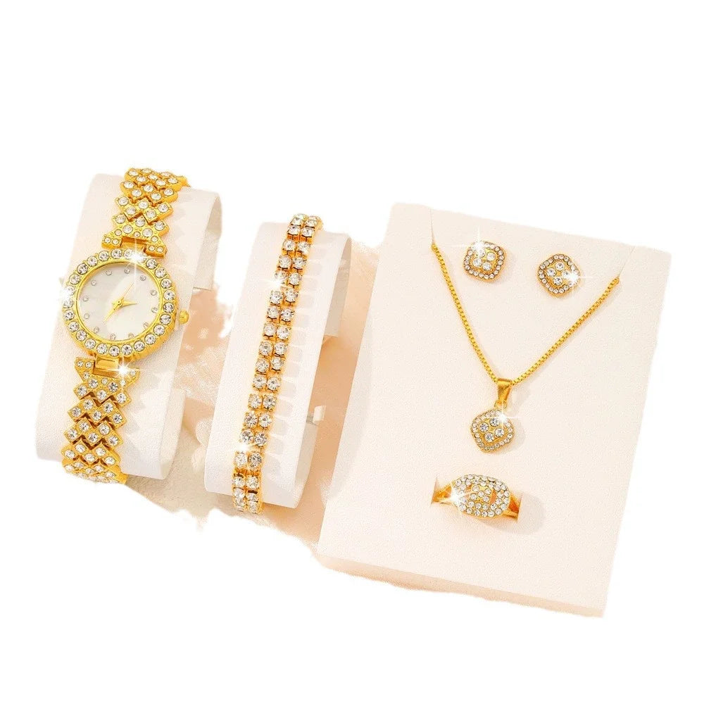 6Pcs/Set Women Watch Luxury Elegant Alloy Watch Crystal Wristwatch for Ladies Gift Quartz Watch Alloy Rhinestone Bracelet (133)