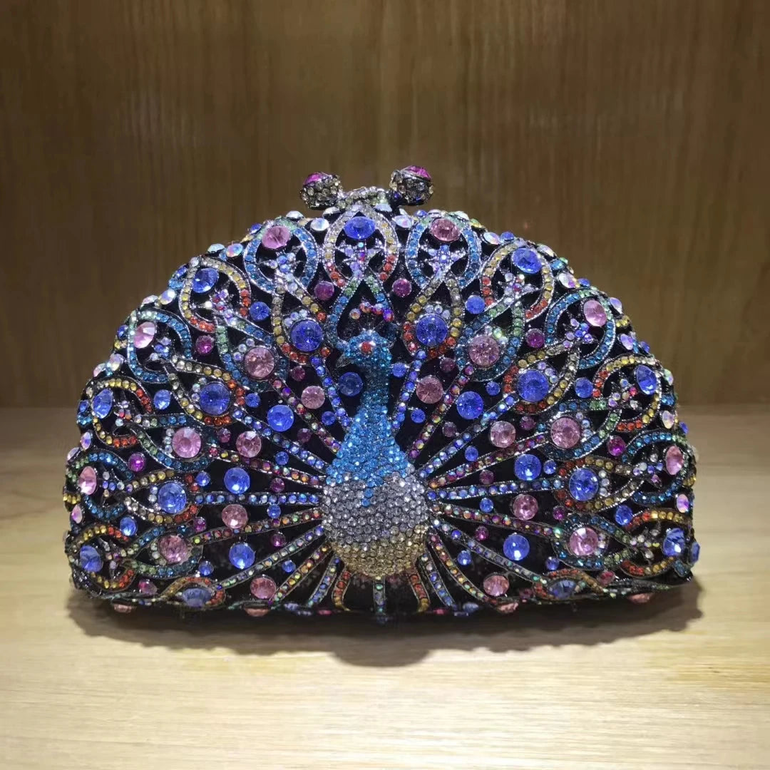 Woman Peacock Hollow Crystal Evening Bag Multicolored Diamond Bridal Animal Clutch Purse Wedding Cocktail Party Handbag