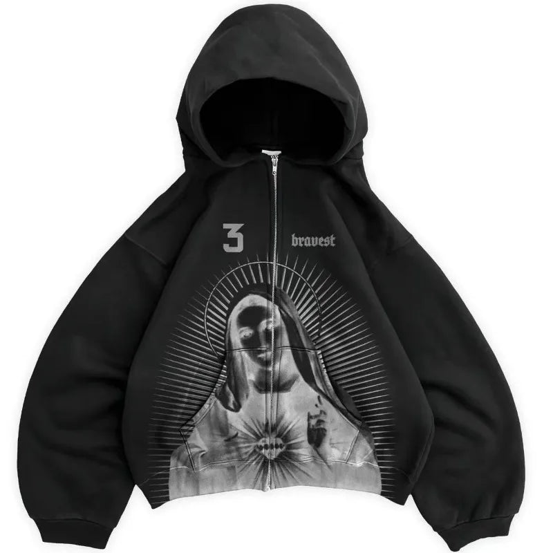 Y2K High Street Winter Men Oversized Hoodie American Retro Personality Print Sweatshirt Hip Hop Fashion Punk Style Pullover