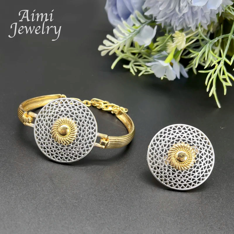 Large round Pendant 18K Gold Plated Jewelry Set for Women Necklace Earrings Bracelet Ring African Bridal Wedding Party Gifts (125)