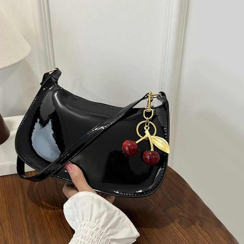 Vintage Retro Shoulder Bag for Women PU Leather Underarm Crossbody Ladies Casual Handbag Purse with Cherry Pendant (040)