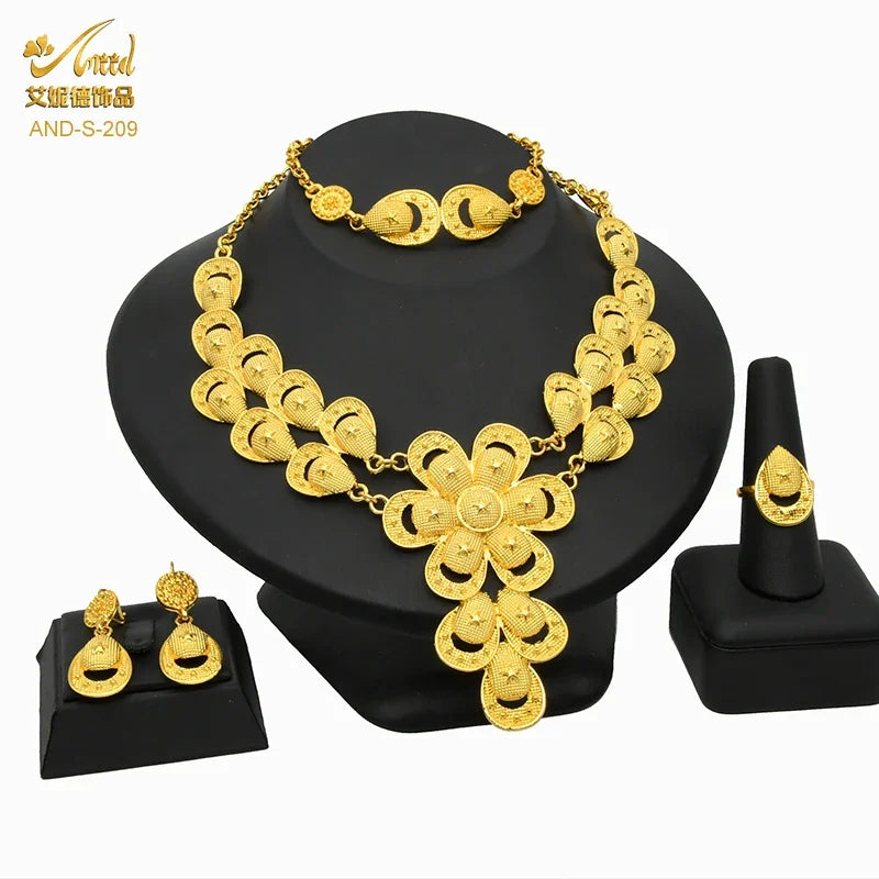 Indian 24K Gold Color Flower Shape Necklace Earrings Bracelet Ring Set Elegant Bridal Wedding Jewelry Sets for Dubai Lady (136)