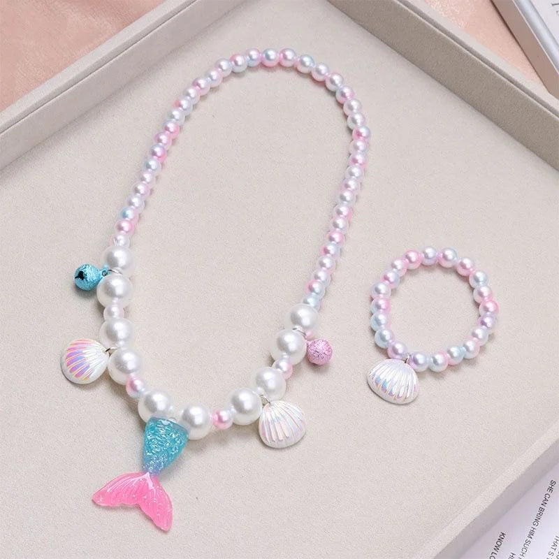 2/5Pcs Girls Jewelry Sets Mermaid Pearl Necklace Bracelet Ring Earring Set Kids Toys Children Princess Fashion Accessories (141)