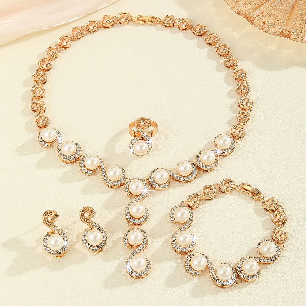 5 PCS Women'S Metal Jewelry Set Pearl Necklace Earring Bracelet Set Holiday Party Jewelry Bridal Wedding Jewelry (129)
