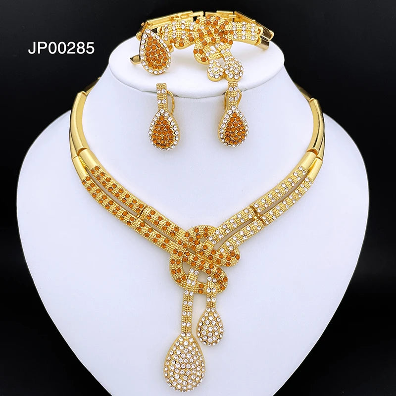 Dubai Gold Color Women Jewelry Sets Classic Design Necklace Earrings Charm Bracelet Ring Banquet Party Jewelry 18K Gold Plated (041)