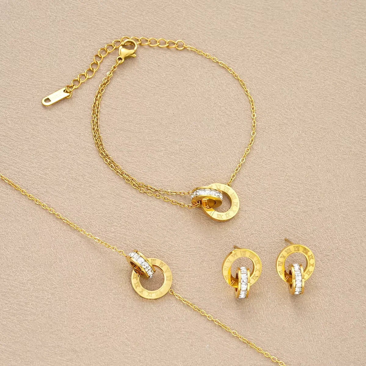 4Pcs/Set Stainless Steel Crystal Necklace Bracelet Earrings for Women Gold Color Interlocking Circles Roman Numbers Jewelry Sets (139)
