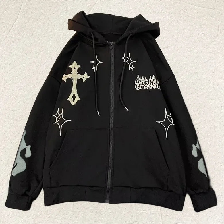 2024 Autumn/Winter Hooded Sweatshirt Embroidered Cross Fire Jacket Fleece-Lined Couple Loose-Fit Top Sweatshirt