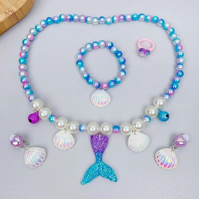 2/5Pcs Girls Jewelry Sets Mermaid Pearl Necklace Bracelet Ring Earring Set Kids Toys Children Princess Fashion Accessories (141)