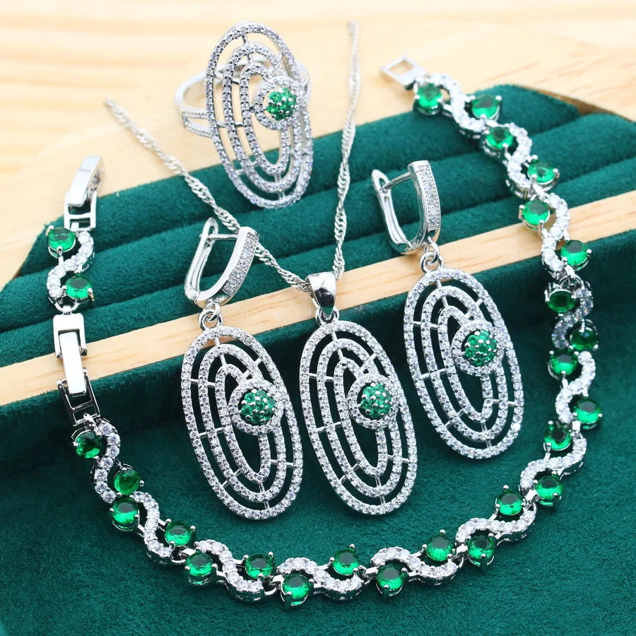 Bridal Silver 925 Jewelry Sets round Green Zircon Bracelets Earrings Rings Pendant Wedding Necklace Set for Women (159)