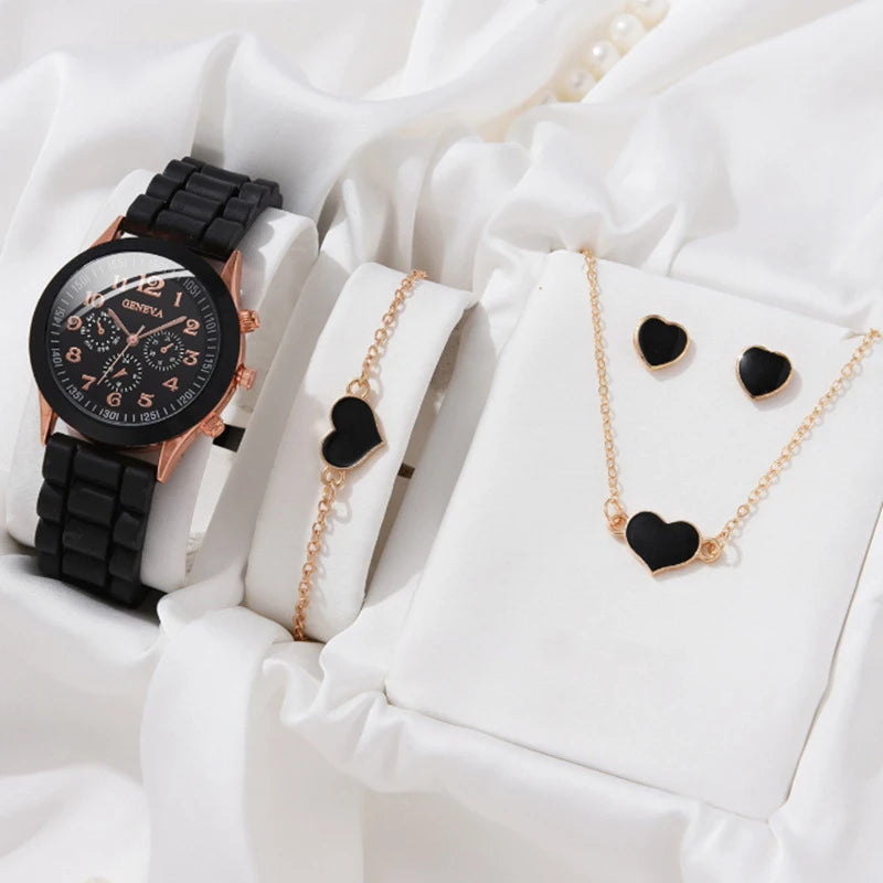 5/6PCS Luxury Watch Women Ring Necklace Earrings Bracelet Set Fashion Heart Butterfly Jewelry Ladies Quartz Wristwatch (137)