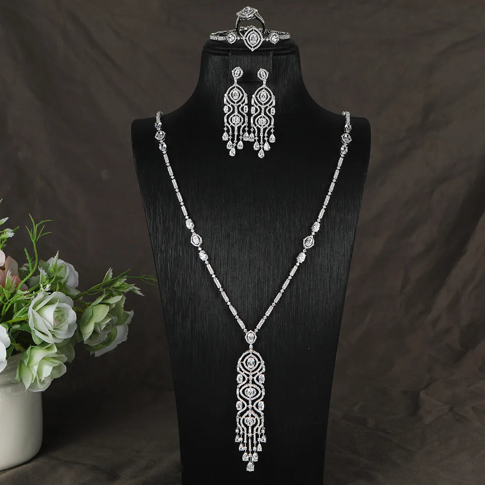 High Quality Tassel Jewelry Set for Women Luxury AAA Zircon Ring Necklace Earrings 3 Piece Set Suitable for Engagement Jewelry (054)