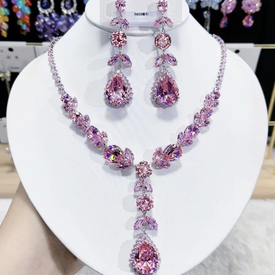 Trendy Heart Pendant Necklace Earrings for Women Engagement Fashion Jewelry Set Bridal Wedding Chokers Party Accessories Gifts (068)