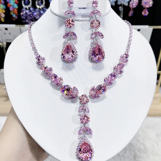 Trendy Heart Pendant Necklace Earrings for Women Engagement Fashion Jewelry Set Bridal Wedding Chokers Party Accessories Gifts (068)