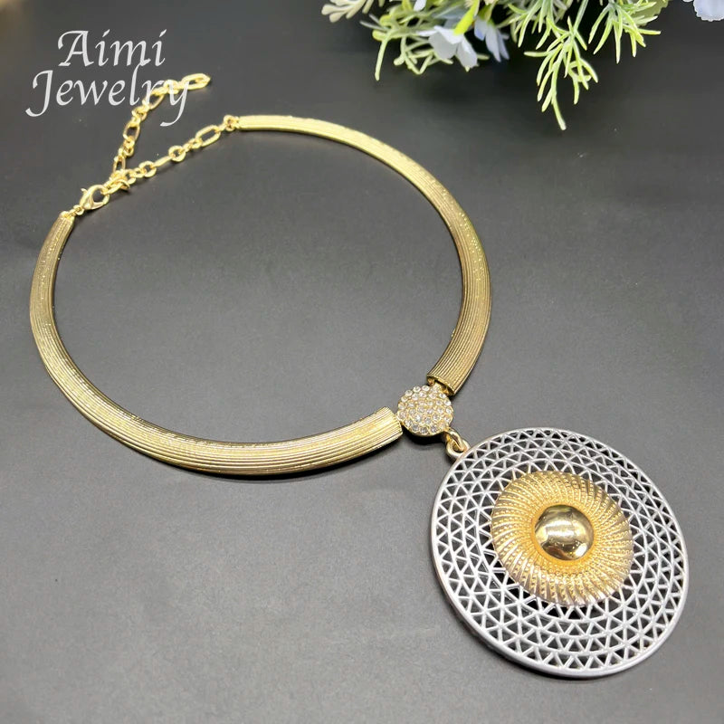 Large round Pendant 18K Gold Plated Jewelry Set for Women Necklace Earrings Bracelet Ring African Bridal Wedding Party Gifts (125)