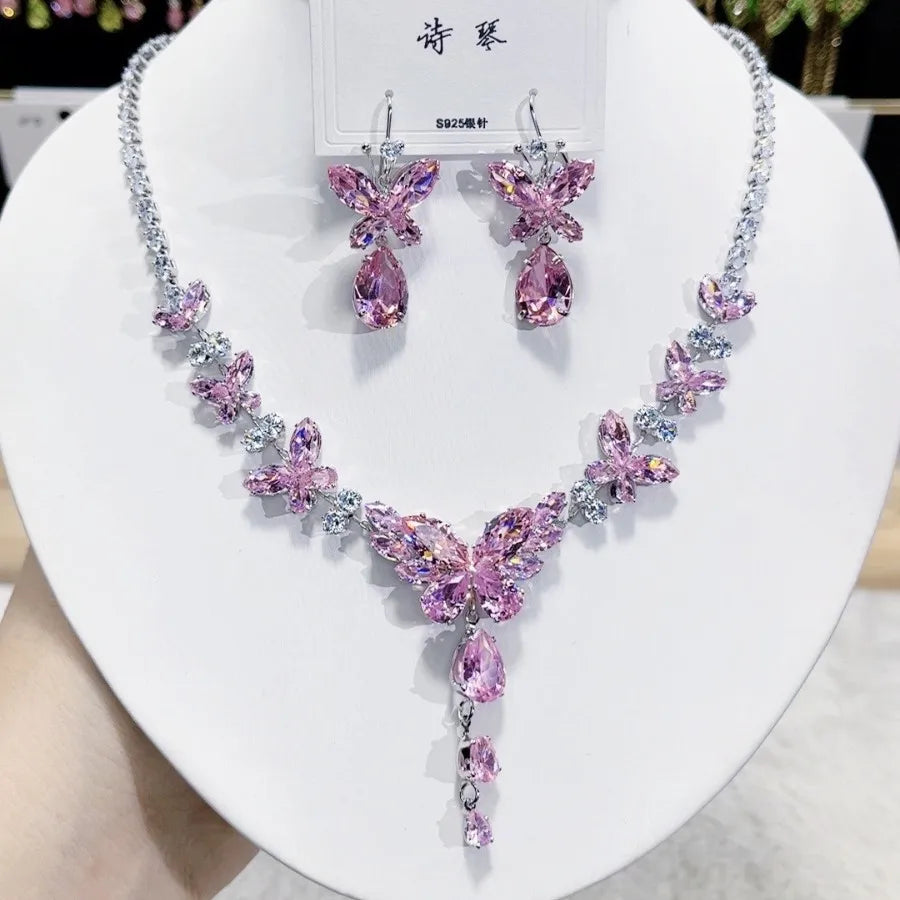 Women Colorful Fashion Zircon Necklace Earrings 2024 (89)