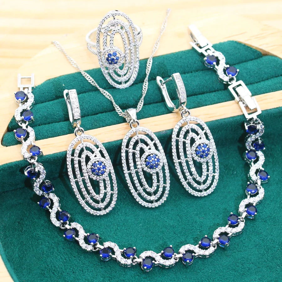 Bridal Silver 925 Jewelry Sets round Green Zircon Bracelets Earrings Rings Pendant Wedding Necklace Set for Women (159)