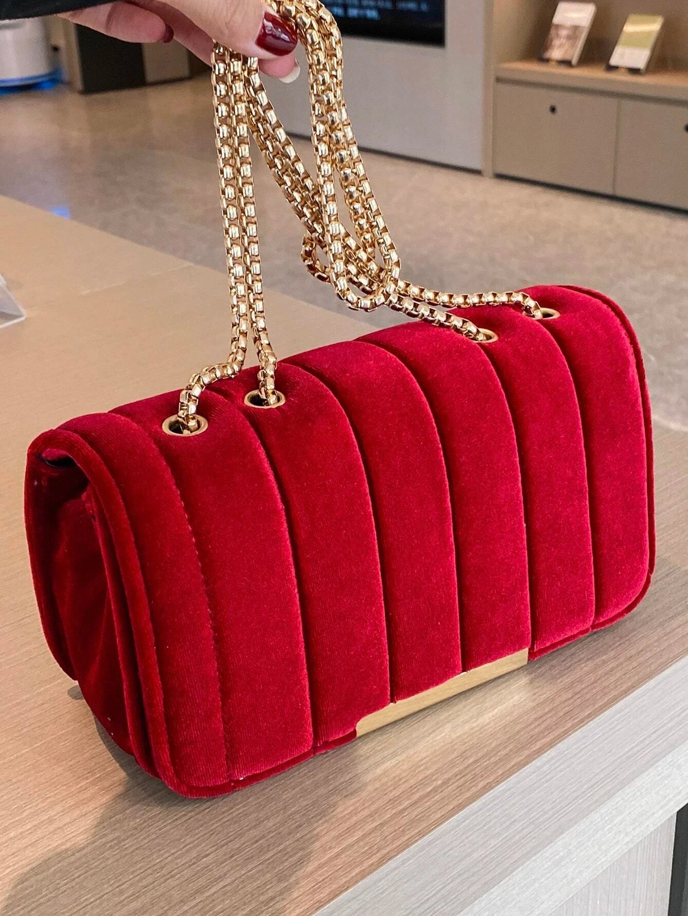 Neon Red Flap Chain Square Bag Velor Leather Fashionable Dating Gift Shoulder & Crossbody Bag with Chain Strap for Women (041)
