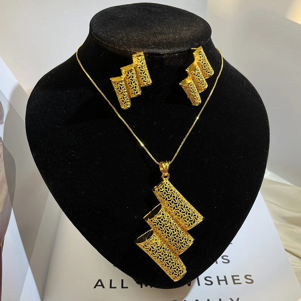 Dubai 24K Gold Color Long Jewelry Sets Wedding African Necklace Earrings for Women Nigerian Indian Bridal Set Party Gifts (073)