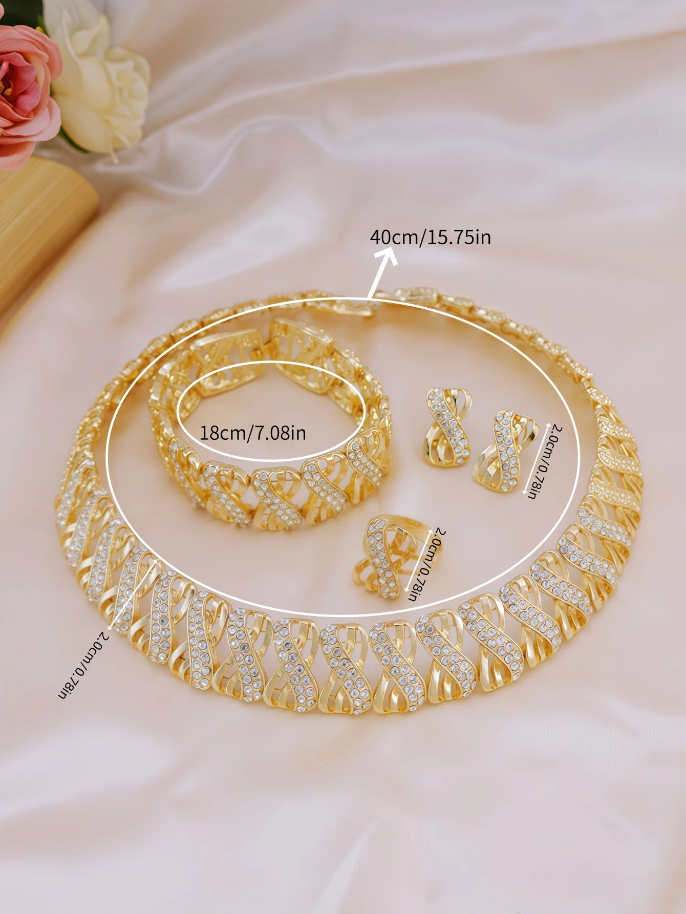 5 Piece Traditional Bridal Jewelry Set 18K Gold Plated Stylish Bow Infinity Design with Rhinestones to Match Your Everyday Outfi (127)
