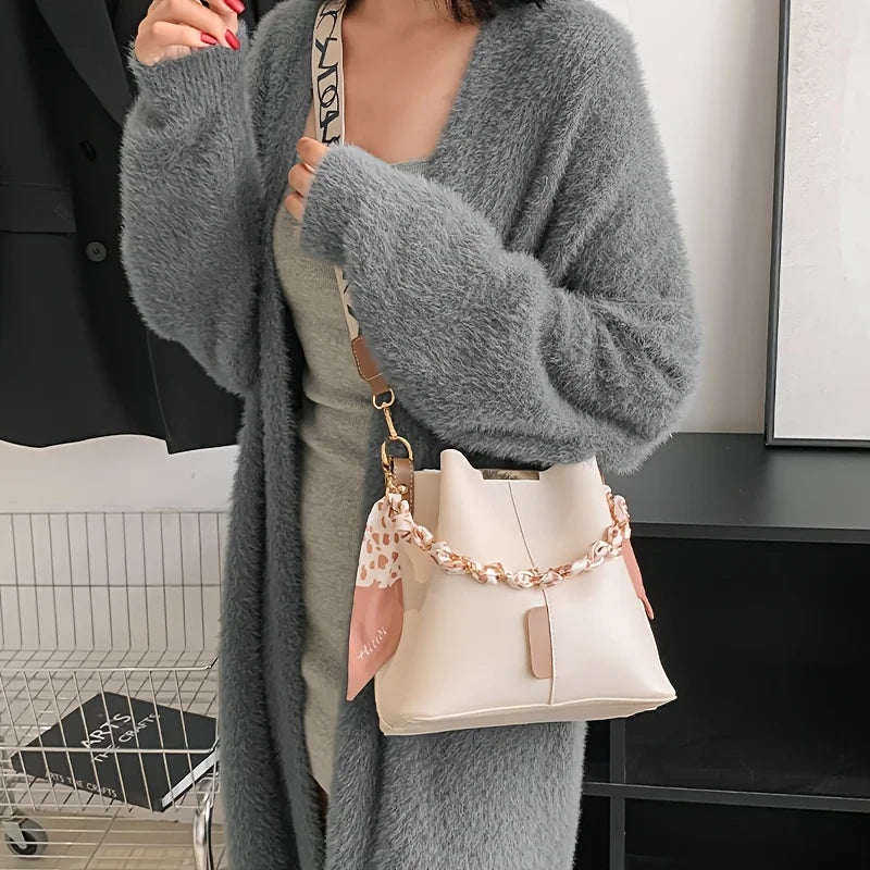 New Fashion Women'S Shoulder Bag Large Capacity Ribbon Chain Bucket Bag Crossbody Bag Daily Commuting
