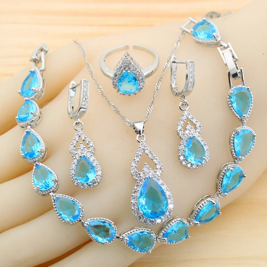 Fashion Sky Blue Water Drop Zirconia 925 Silver Jewelry Sets for Women Earrings Necklace Pendant Ring Bracelet Wedding Gift (154)