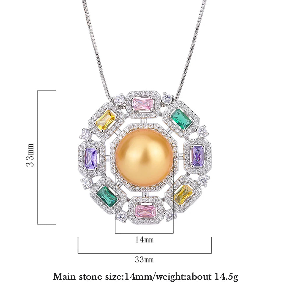 Luxury 14Mm White Gold Big Pearl Gemstone Pendant Necklace for Women High Carbon Diamonds Party Fine Jewelry Anniversary Gifts (086)
