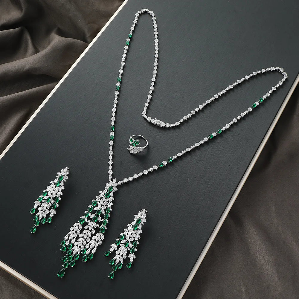 High Quality Tassel Jewelry Set for Women Luxury AAA Zircon Ring Necklace Earrings 3 Piece Set Suitable for Engagement Jewelry (054)