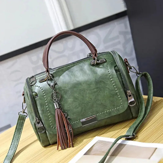 Tassel Decor Women'S Large Capacity Shoulder Bag Fashion Zipper Crossbody Bag with Removable Strap Boston Handbag (036)