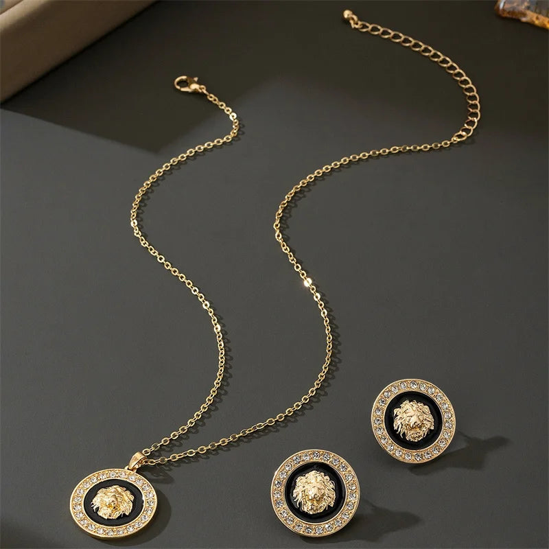 5Pcs/Set Gold-Plated Lion Head Party Jewelry Set for Women Crystal Pendant Necklace Bracelet Chains Bangles Earrings Ring (135)
