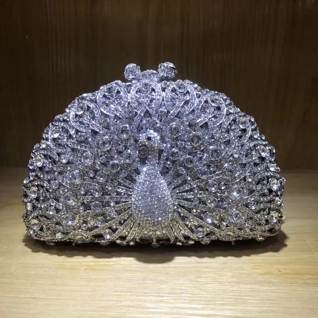 Woman Peacock Hollow Crystal Evening Bag Multicolored Diamond Bridal Animal Clutch Purse Wedding Cocktail Party Handbag