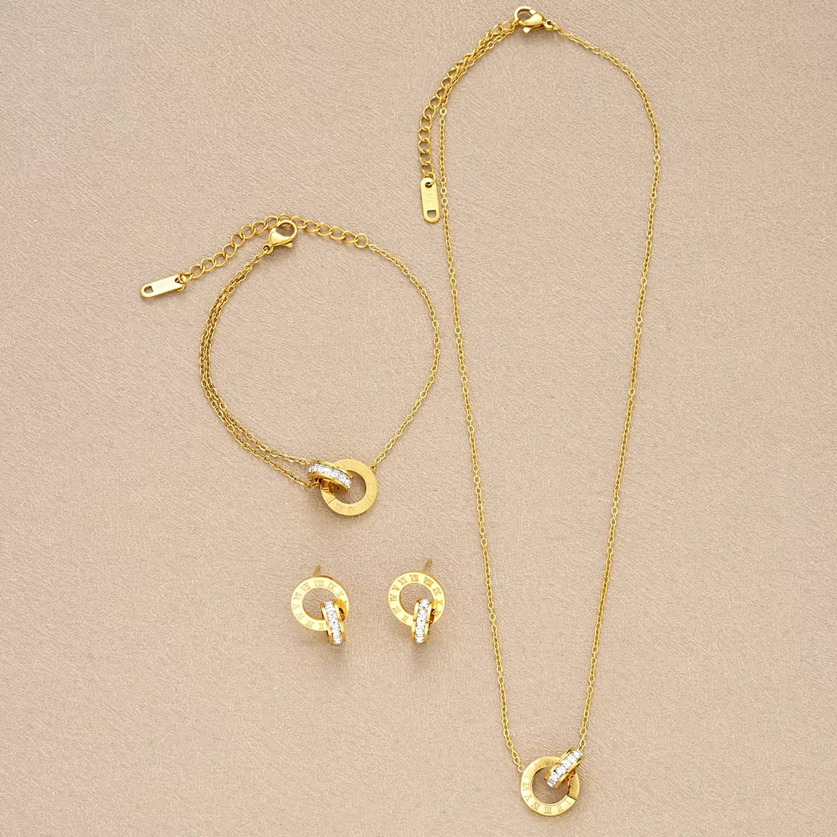 4Pcs/Set Stainless Steel Crystal Necklace Bracelet Earrings for Women Gold Color Interlocking Circles Roman Numbers Jewelry Sets (139)