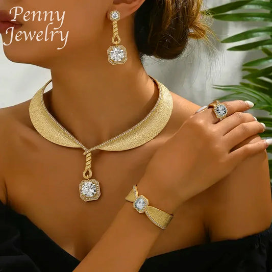 Rhinestone Bohemian Gold Plated 4Pcs Jewelry Set for Women Necklace Drop Earrings Bracelet Ring Bridal Wedding Party Gifts (148)