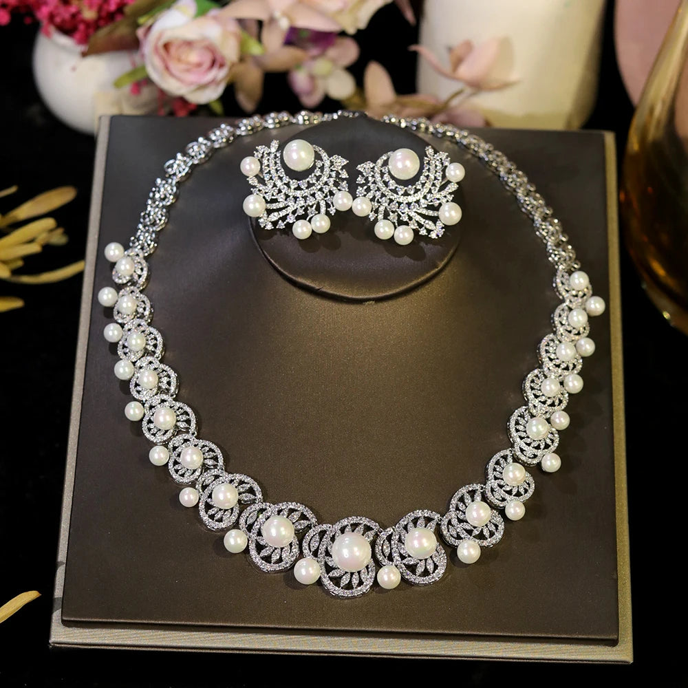 White Cubic Zirconia Luxury Choker Heptacolor Big Pearl Necklace Wedding Bridal Party Jewelry Sets for Women X0538 (058)