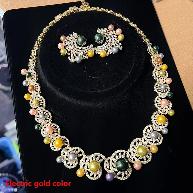 White Cubic Zirconia Luxury Choker Heptacolor Big Pearl Necklace Wedding Bridal Party Jewelry Sets for Women X0538 (058)